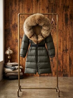 Women’s Long Belted Down Puffer Coat Fur-Trim Hood